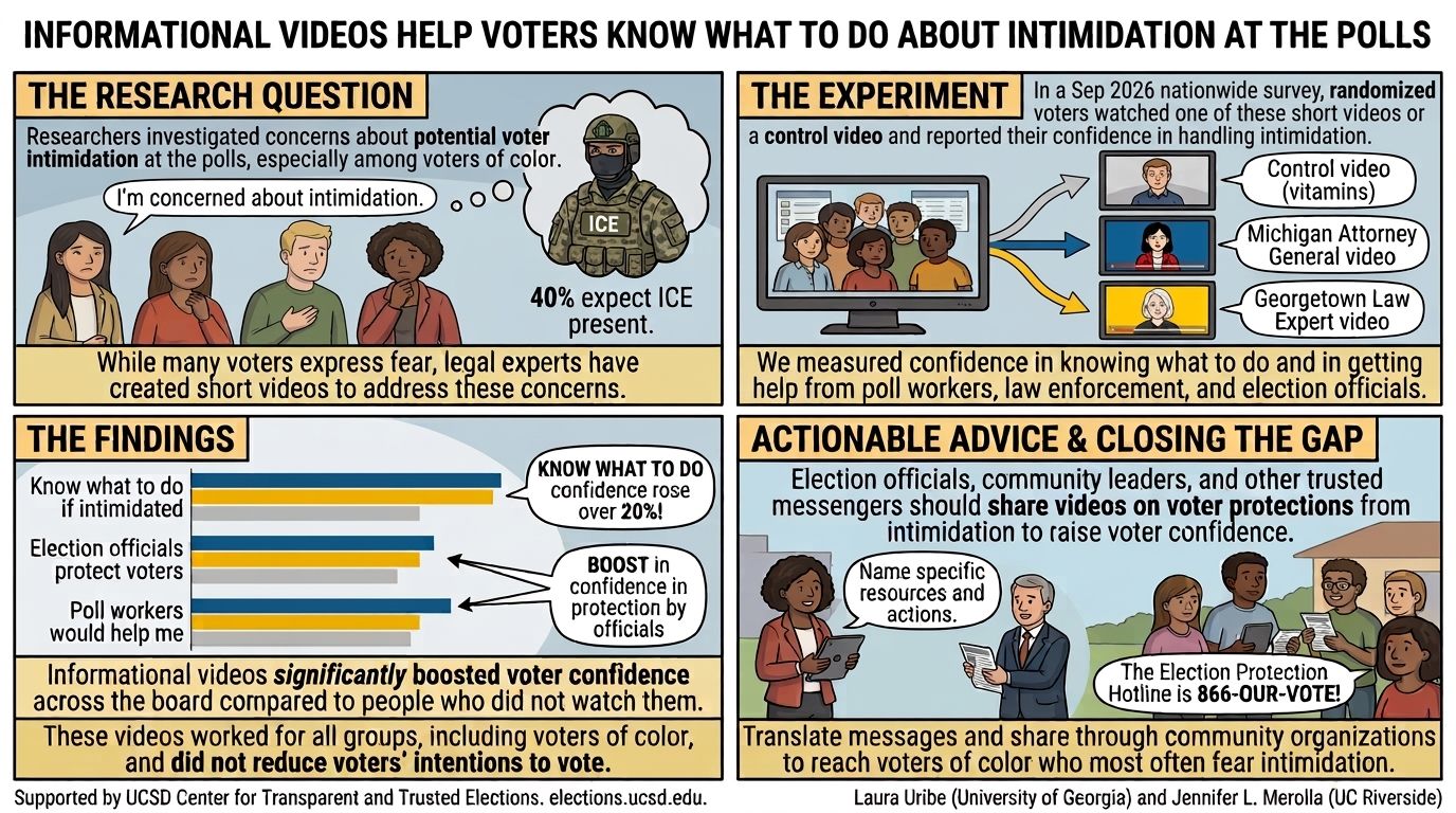 Cartoon about informational videos and intimidation at the polls.